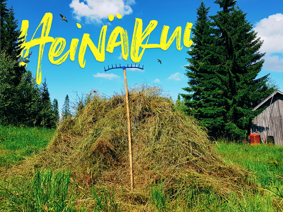 heinan-teko-aika-heinakuu-postikortti-suomi-maaseutu-kesa-heinaharava-nostalgia-paaskynen-taivaalla